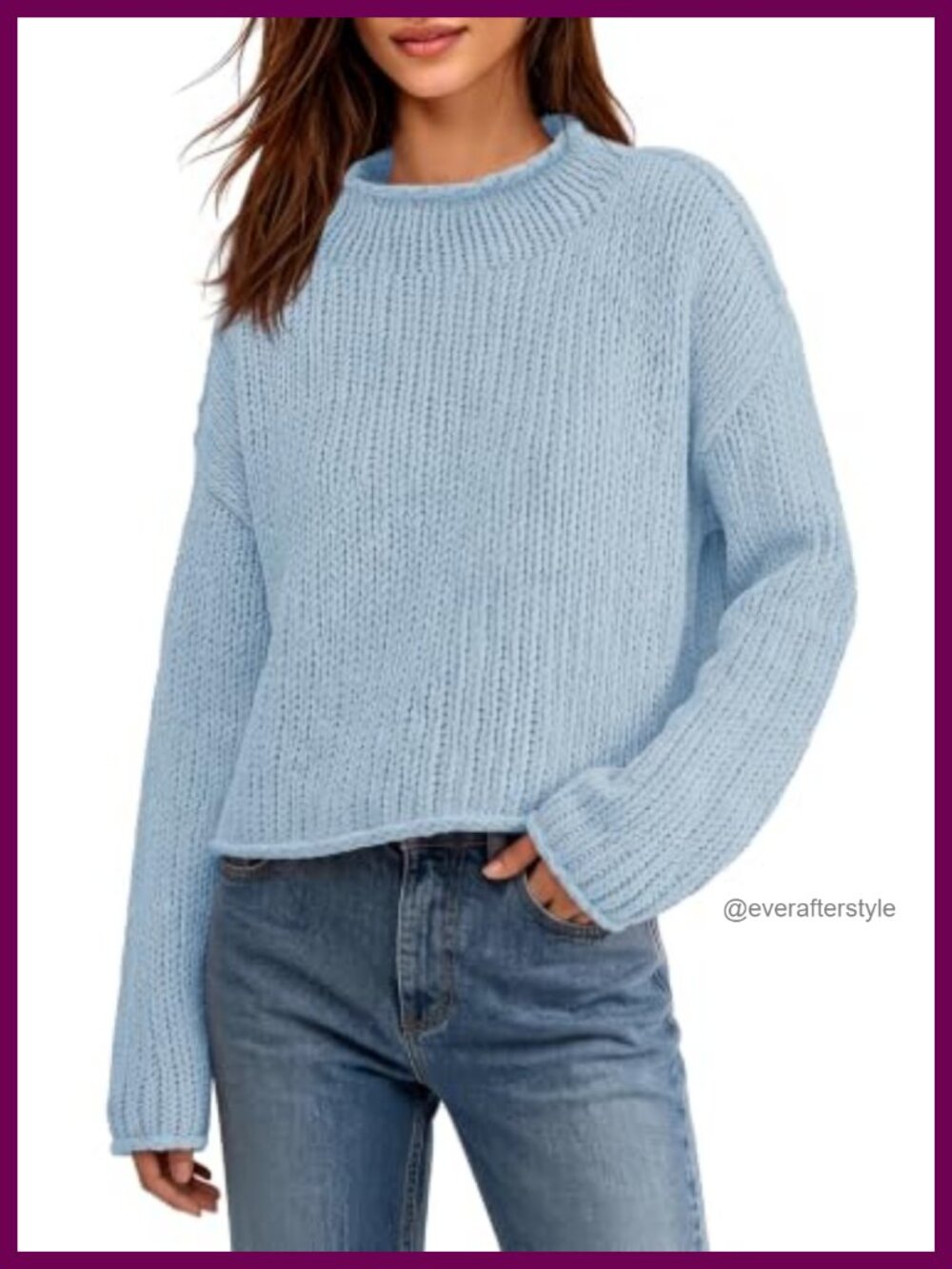 Women's Chunky Knit Cropped Pullover Sweater Mock Neck Long Sleeve Boxy